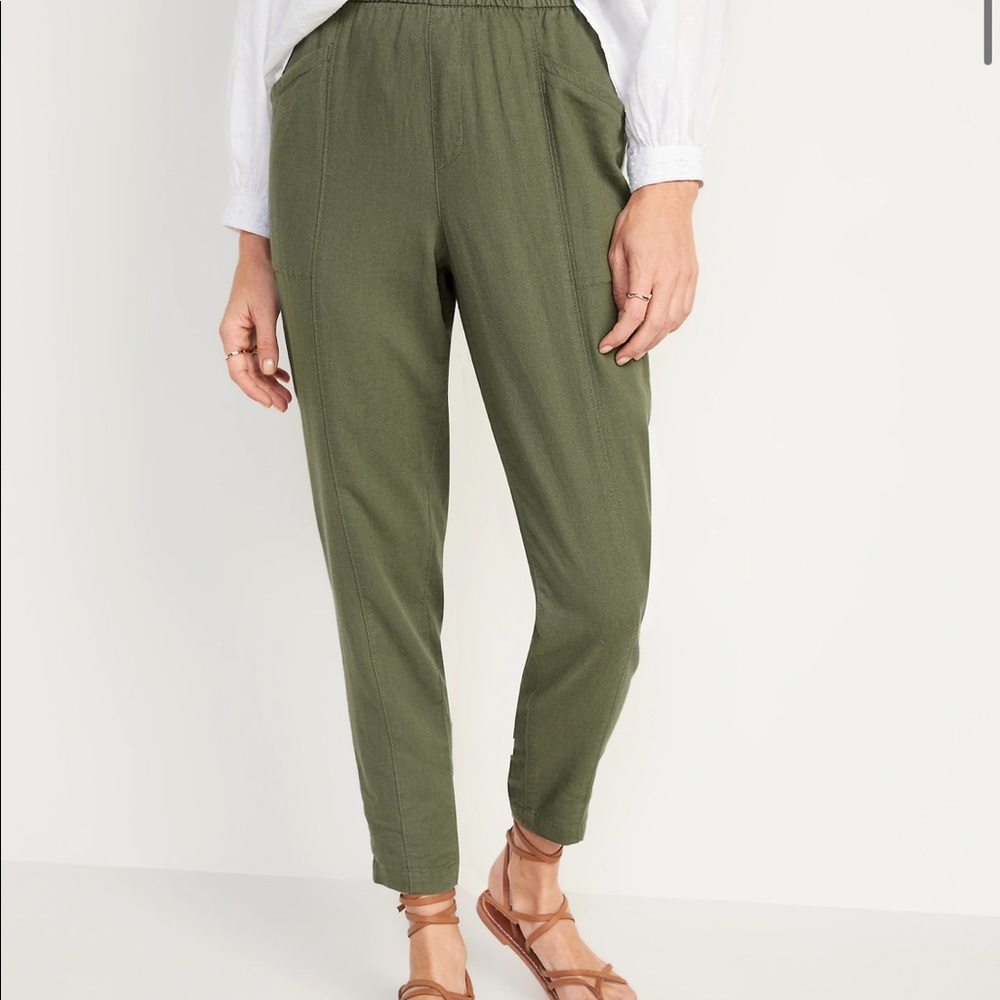 High-Waisted Cropped Linen-Blend Sz S , Green